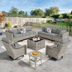 OVIOS 10 Pieces Outdoor Wicker Swivel Chair Set With Solar-Powered Coffee Table