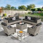 OVIOS 10 Pieces Outdoor Wicker Swivel Chair Set With Solar-Powered Coffee Table