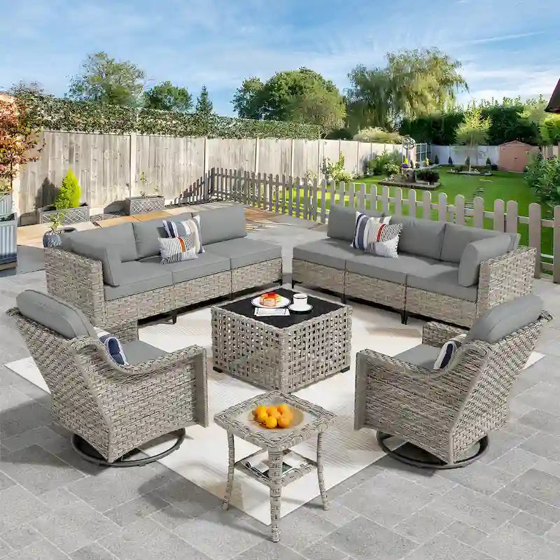 OVIOS 10 Pieces Outdoor Wicker Swivel Chair Set With Solar-Powered Coffee Table