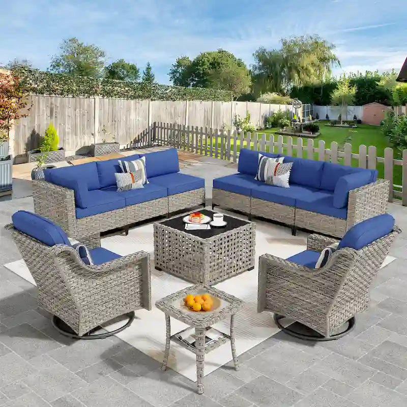 OVIOS 10 Pieces Outdoor Wicker Swivel Chair Set With Solar-Powered Coffee Table