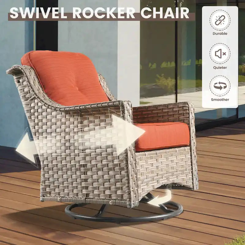 OVIOS 10 Pieces Outdoor Wicker Swivel Chair Set With Solar-Powered Coffee Table