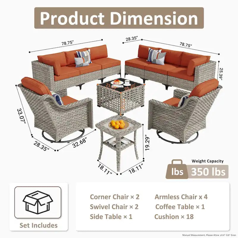 OVIOS 10 Pieces Outdoor Wicker Swivel Chair Set With Solar-Powered Coffee Table