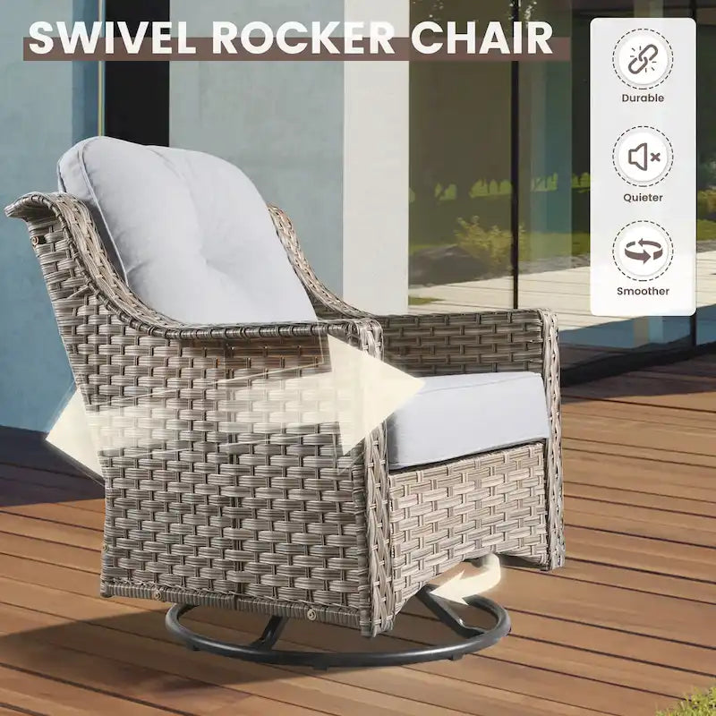 OVIOS 10 Pieces Outdoor Wicker Swivel Chair Set With Solar-Powered Coffee Table