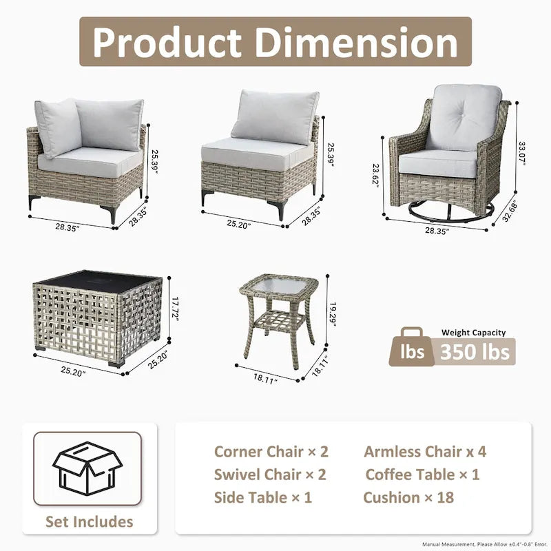 OVIOS 10 Pieces Outdoor Wicker Swivel Chair Set With Solar-Powered Coffee Table