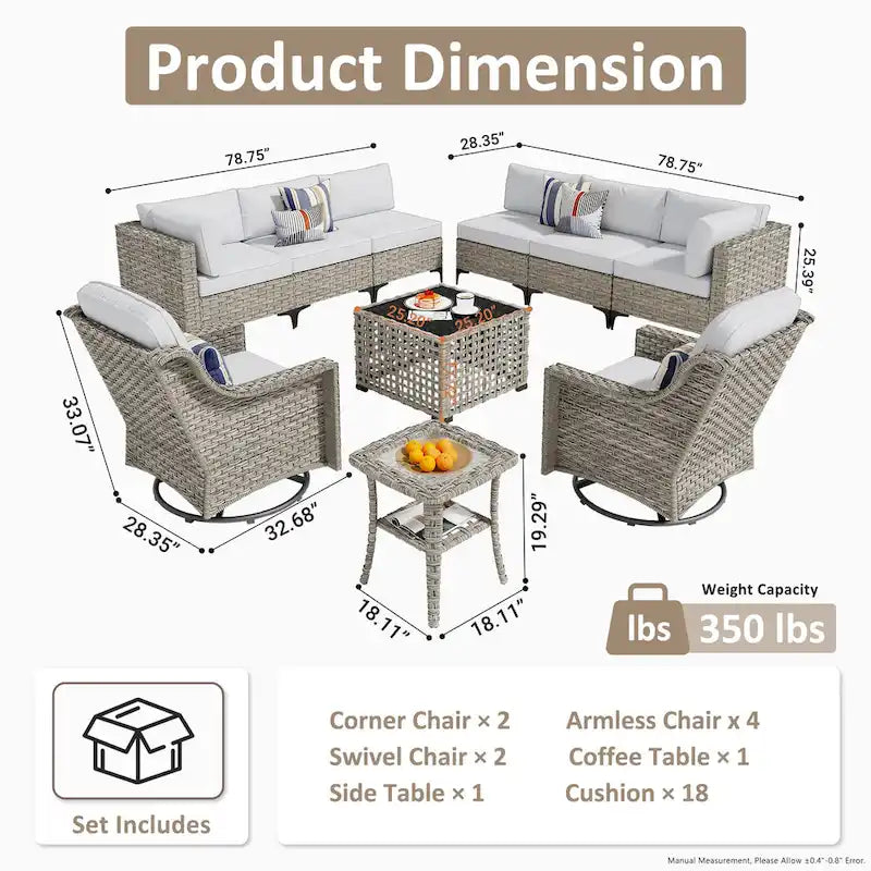 OVIOS 10 Pieces Outdoor Wicker Swivel Chair Set With Solar-Powered Coffee Table