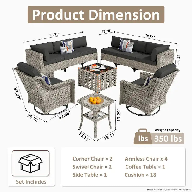 OVIOS 10 Pieces Outdoor Wicker Swivel Chair Set With Solar-Powered Coffee Table