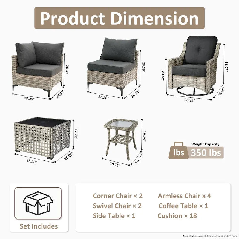 OVIOS 10 Pieces Outdoor Wicker Swivel Chair Set With Solar-Powered Coffee Table