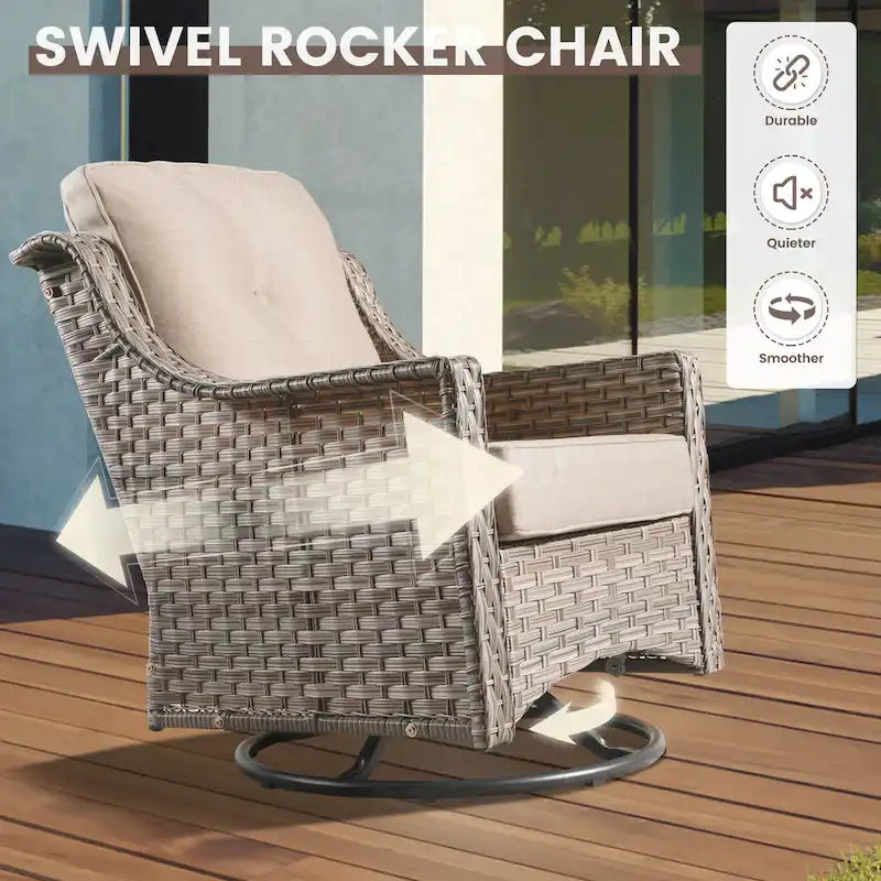 OVIOS 10 Pieces Outdoor Wicker Swivel Chair Set With Solar-Powered Coffee Table