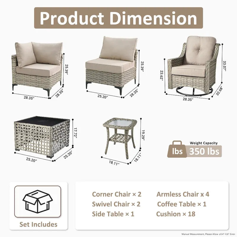 OVIOS 10 Pieces Outdoor Wicker Swivel Chair Set With Solar-Powered Coffee Table