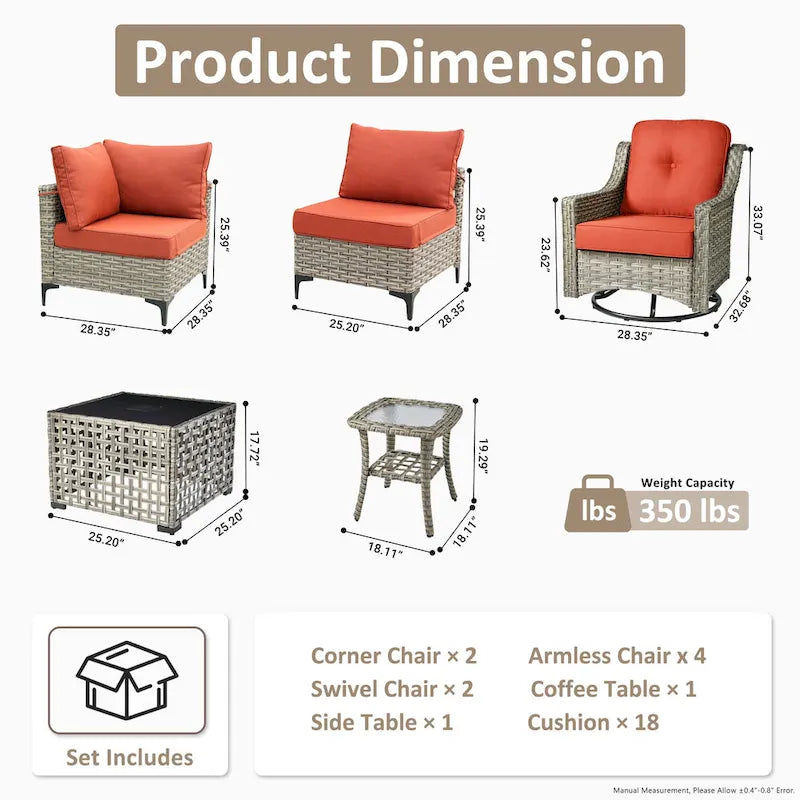 OVIOS 10 Pieces Outdoor Wicker Swivel Chair Set With Solar-Powered Coffee Table